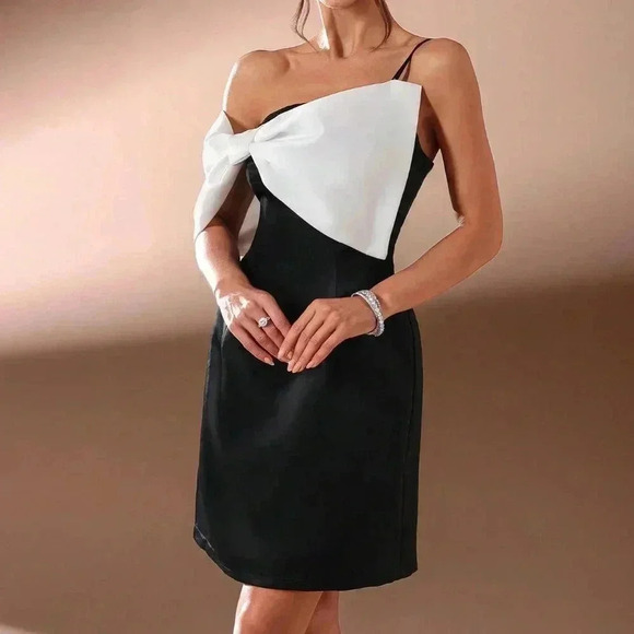 Black Elegant Women's Short Party Dress With Color Block Design & Bow Decor - Picture 5 of 7
